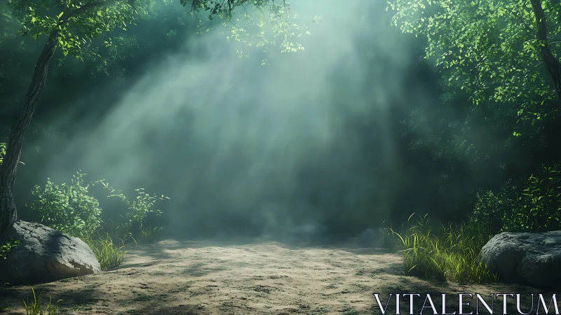 Misty Forest Clearing with Sunbeams Through Canopy