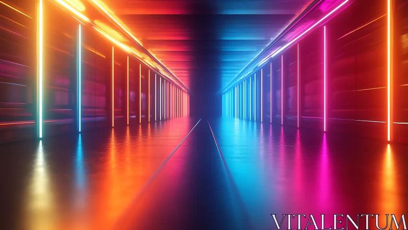 Neon-lit symmetric tunnel corridor with chromatic gradient panels.
