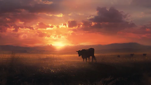 Solitary duskside cow bathing in emberlit prairie sunset.
