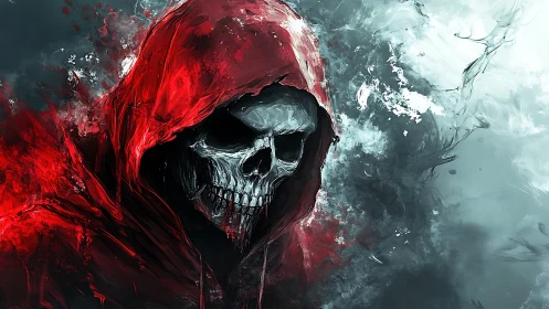 Hooded skeletal figure emerges from chaotic red and cyan brushwork