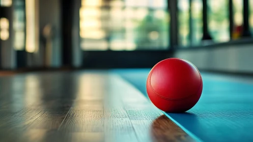 Red textured exercise ball on blue mat in sunlit studio