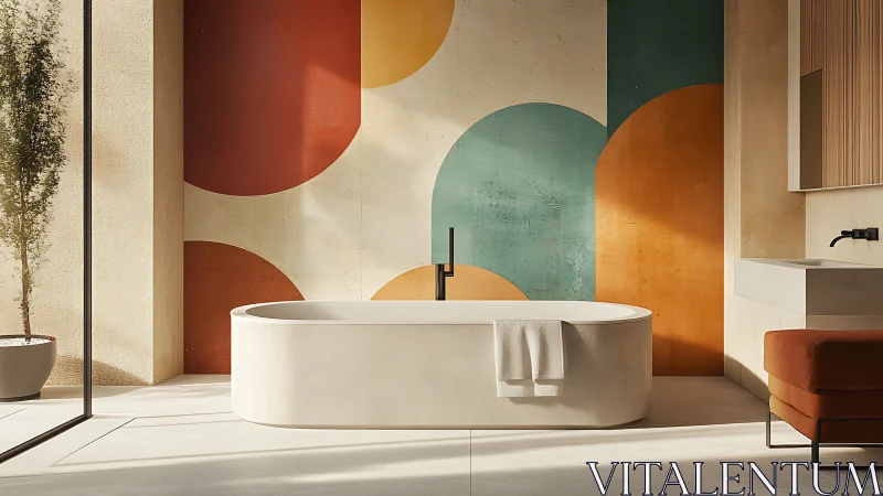 Modern freestanding bathtub in colorful geometric bathroom.