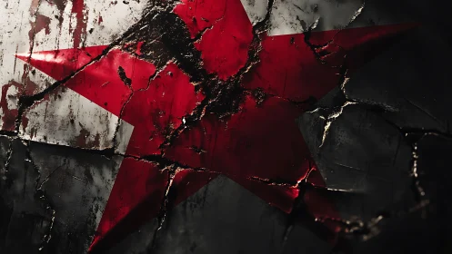 Fragmented metallic red star with corroded surface fissures.