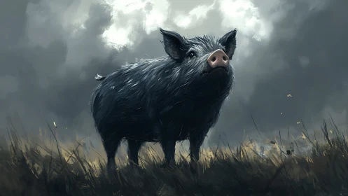Curious black pig standing bravely beneath a stormy sky.