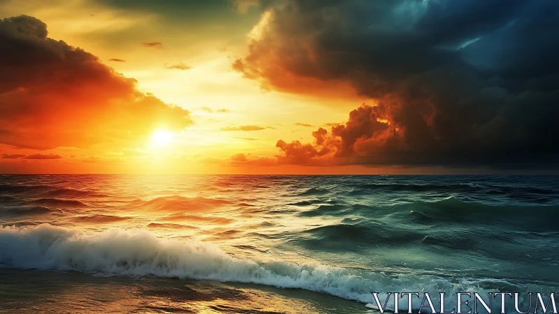 Sunset over ocean waves under dense layered clouds.