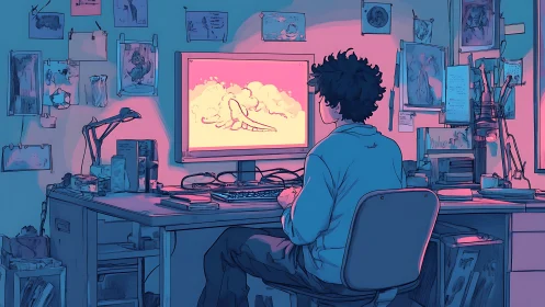 Late-night creator dreaming up worlds at a glowing desk.