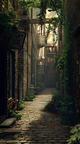 Sunlit ivy-covered brick alley forms quiet urban passage
