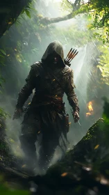 Hooded forest ranger stalking through rain soaked jungle.