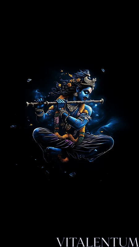 Blue divine musician floats in dark cosmic void