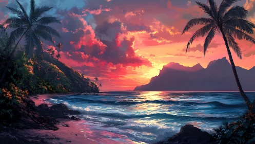 Vibrant tropical shoreline rendered in cinematic digital sunset