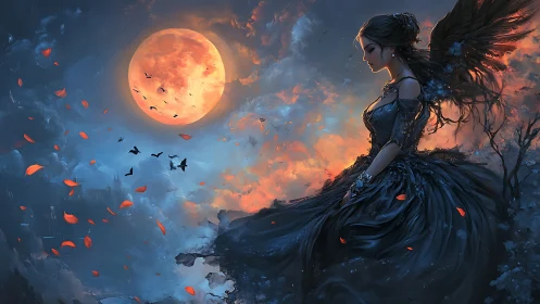 Winged female figure sits before a large orange moon