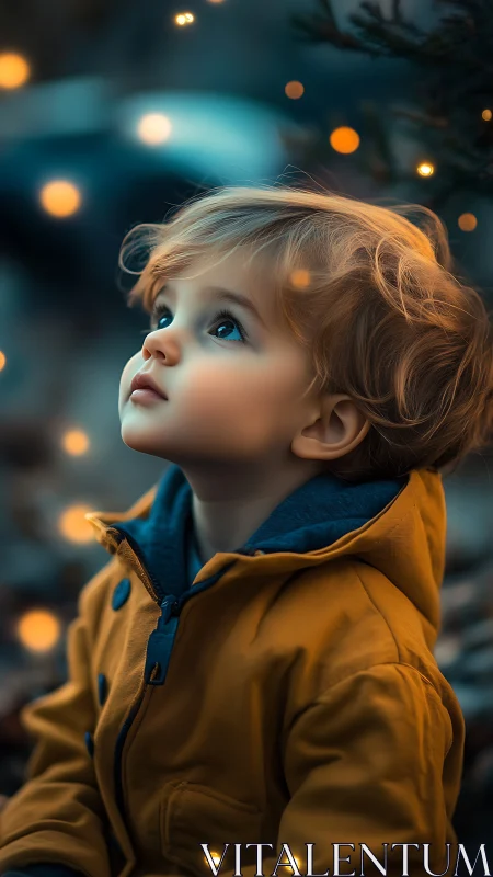 Small child gazes upward under warm glowing lights outdoors