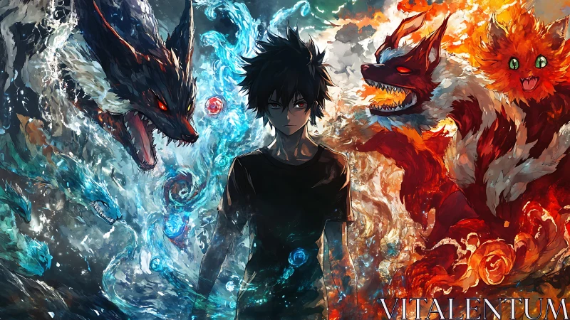 Dark haired boy between fiery and aquatic spirit beasts.