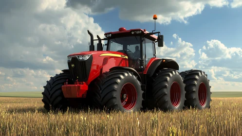 Red articulated tractor with dual rear tires crosses dry field
