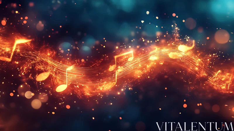 Glowing musical notes on swirling fiery light trail.