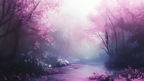 Enchanted Riverside Blooms in Misty Pink Light