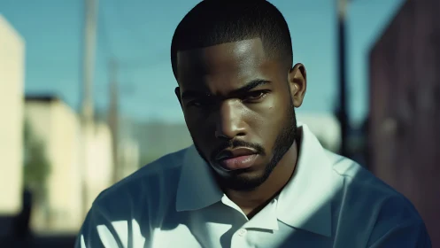 Man in white shirt outdoors under strong directional light.