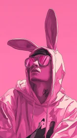 Monochrome magenta streetwear portrait with rabbit-hood profile.