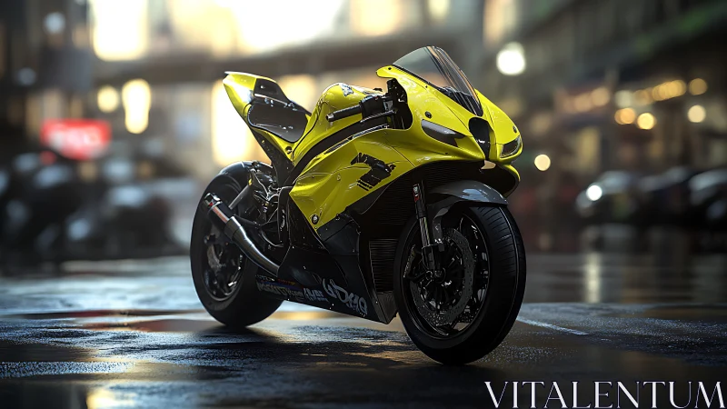 Yellow superbike dominates wet city street at twilight.