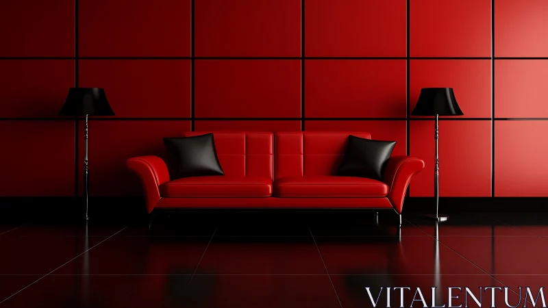 Crimson lounge geometry with bold red sofa and noir accents.