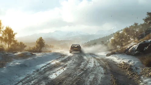 Off-road vehicle accelerates along sunlit winter mountain track