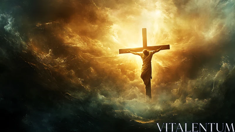 Figure on cross centered in turbulent glowing storm clouds