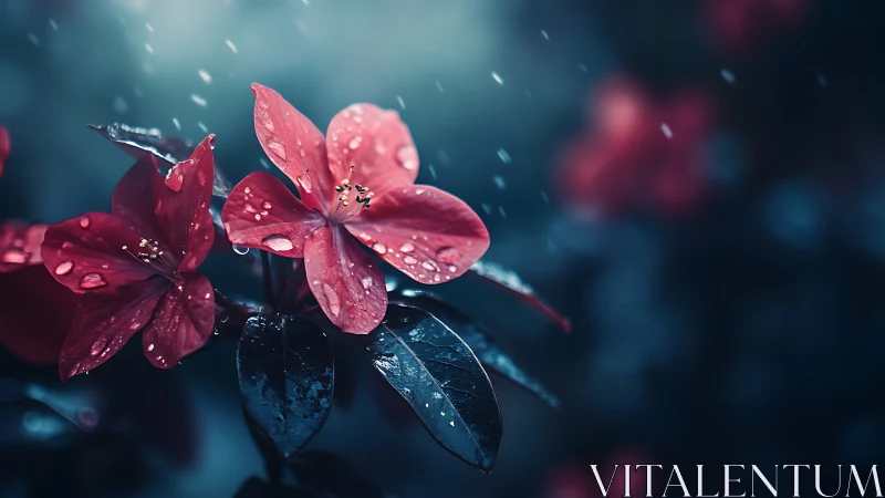 Crimson Blooms in Rain: Raindrop-Covered Flowers Against Teal Backdrop.