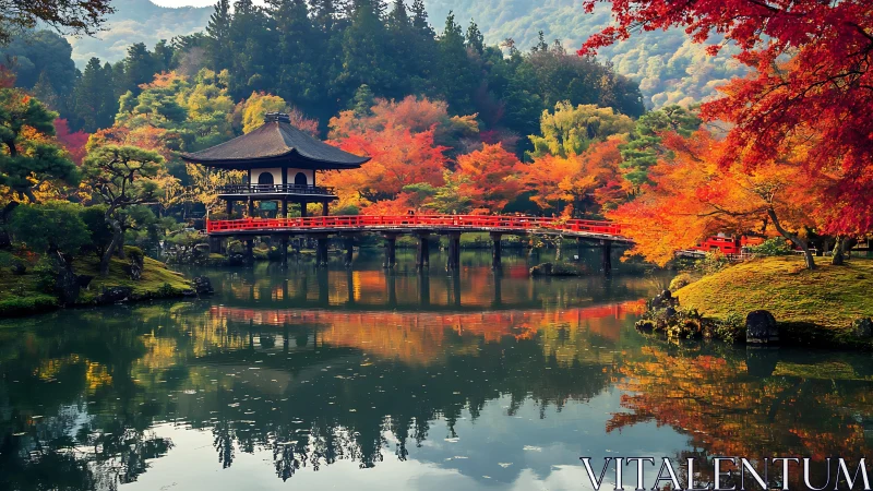 Japanese pavilion and bridge span reflective autumn garden pond