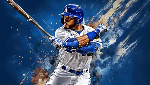 Explosive blue slugger mid-swing in painterly diamond storm.