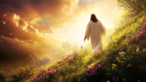 Backlit robed figure ascending sunlit floral hillside landscape.