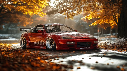 Modified red sports car on forest road with autumn foliage.