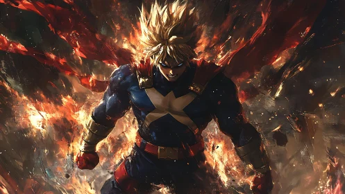 Armored superhero strides through erupting ember storm.