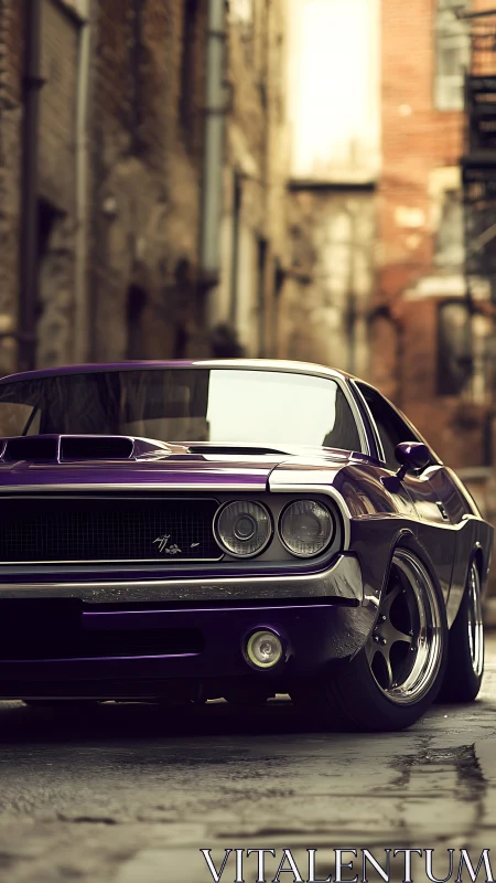 Classic purple muscle car is parked in narrow urban alley