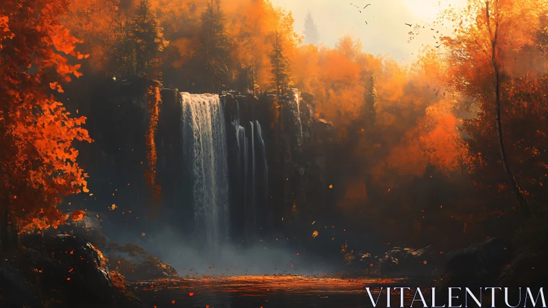 Autumn forest waterfall under golden sunset haze.