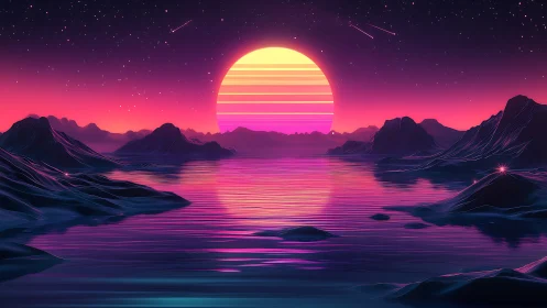 Neon horizon seascape with retro-synth sun and low-poly peaks.
