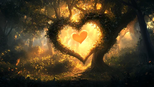 Forest Heart Ablaze: Nature's Luminous Love Portal.