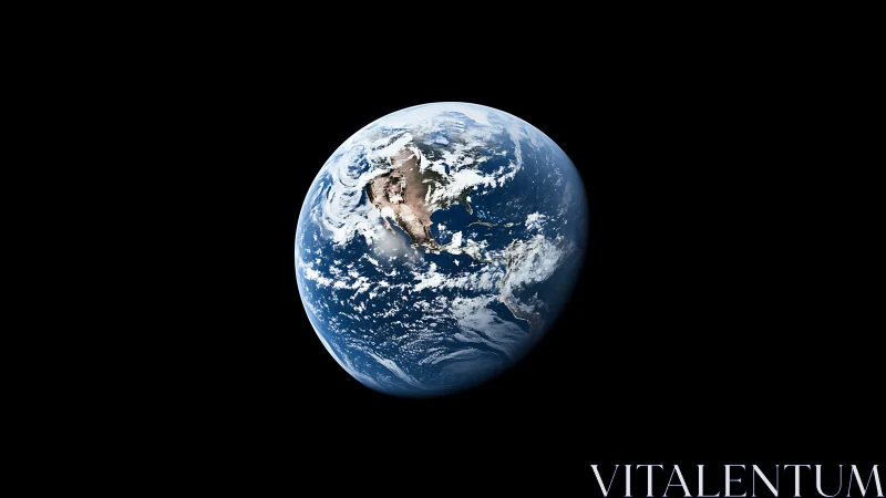 Earth floats in deep black space with clouds and oceans visible