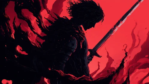 Shadowed warrior pausing in swirling crimson light and flame.