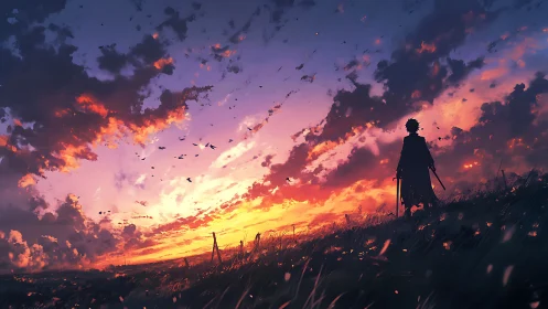 Lone swordsman gazes over a blazing, windswept sunset sky.