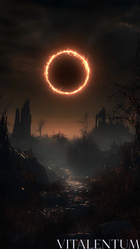 Burning eclipse ring above desolate twilight ravine.