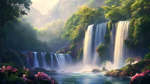 Multi-tiered luminous waterfalls in dense temperate canyonscape.