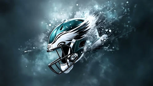 Exploding teal gridiron helmet with dynamic paint dispersion