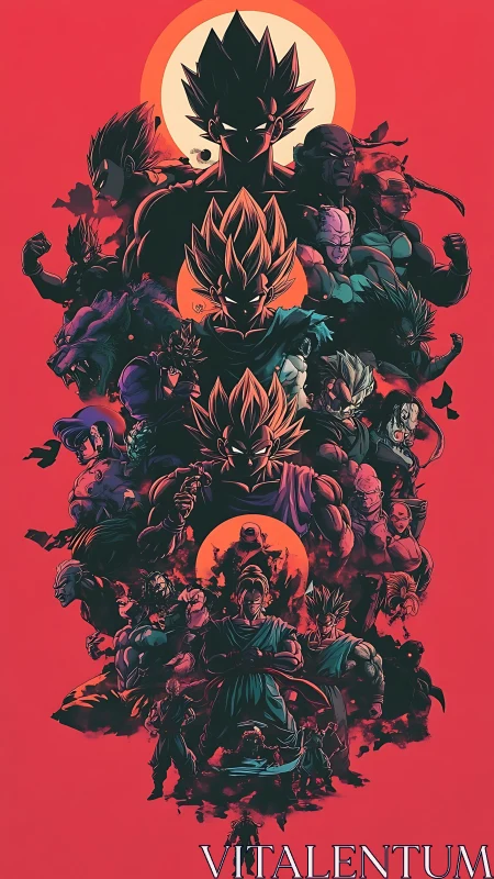 Layered Saiyan silhouettes in crimson anime battle collage.