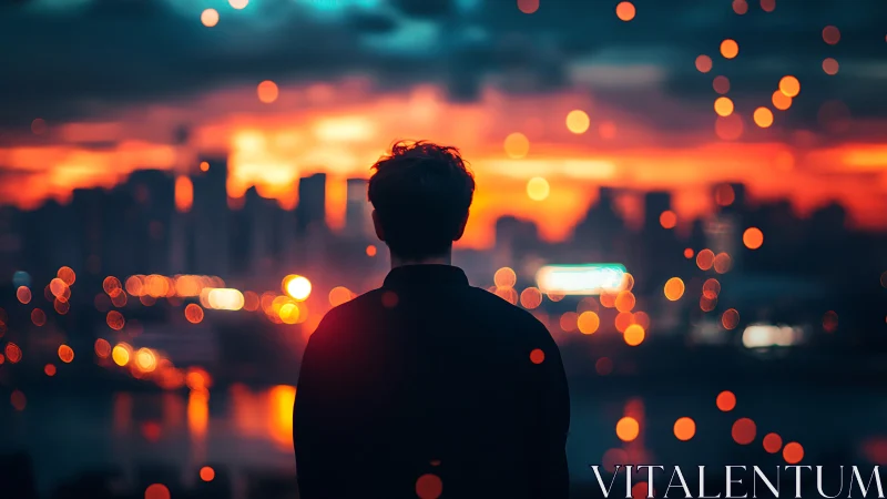 Silhouette views illuminated city skyline with defocused lights