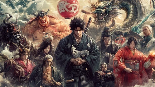 Stormbound samurai conclave beneath roaring dragon gods.