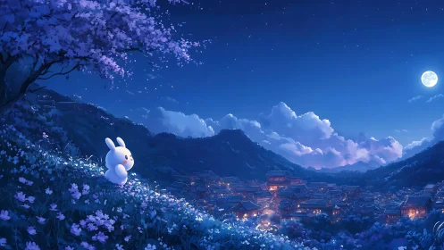 Moonlit rabbit overlooks glowing valley village at dusk.