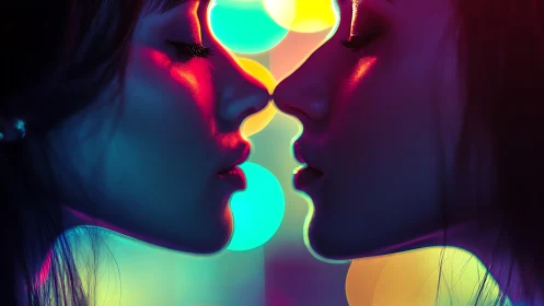 Symmetrical female profiles under vivid neon colored lighting.