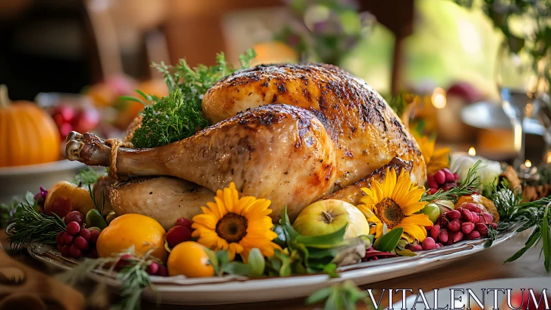 Roast turkey centerpiece with browned skin, herb garnish, and seasonal fruit