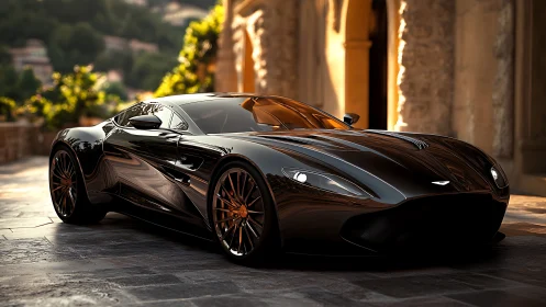 Black luxury sports car parked by sunlit stone villa.