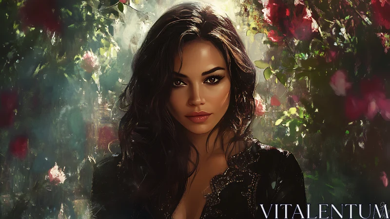 Garden-eyed enchantress framed in stormy painted light.